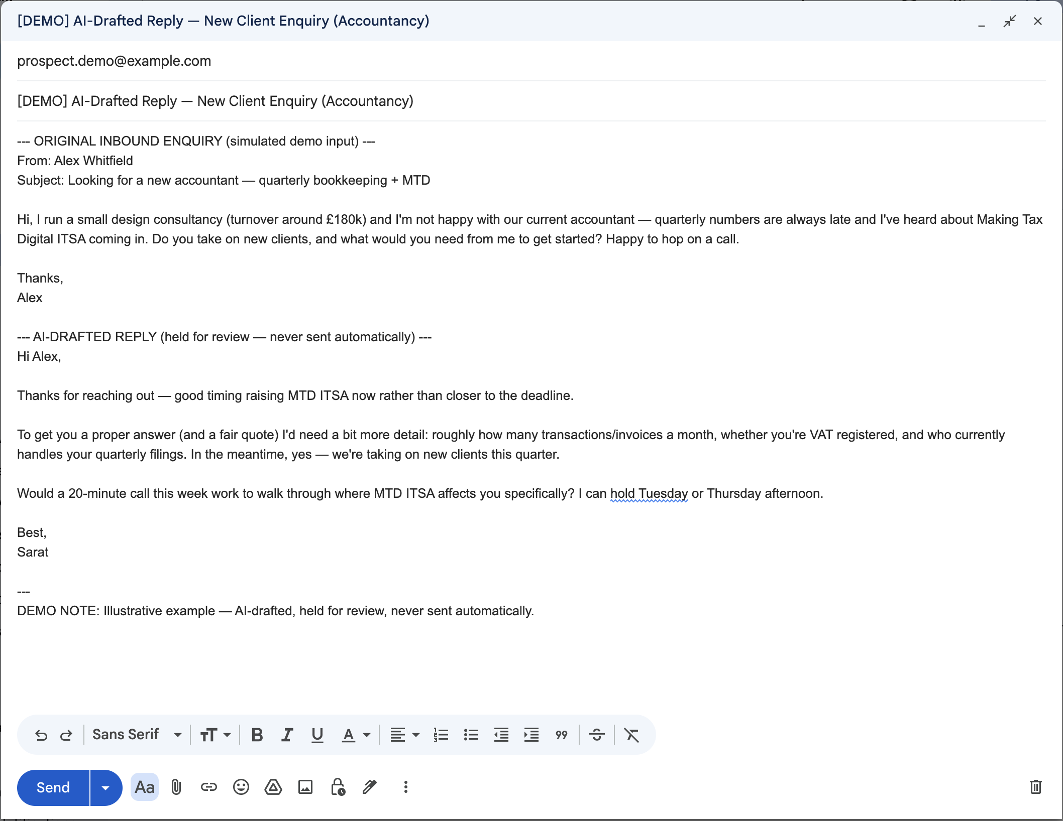 AI-drafted Gmail reply to a new-client accountancy enquiry, held as a draft for review